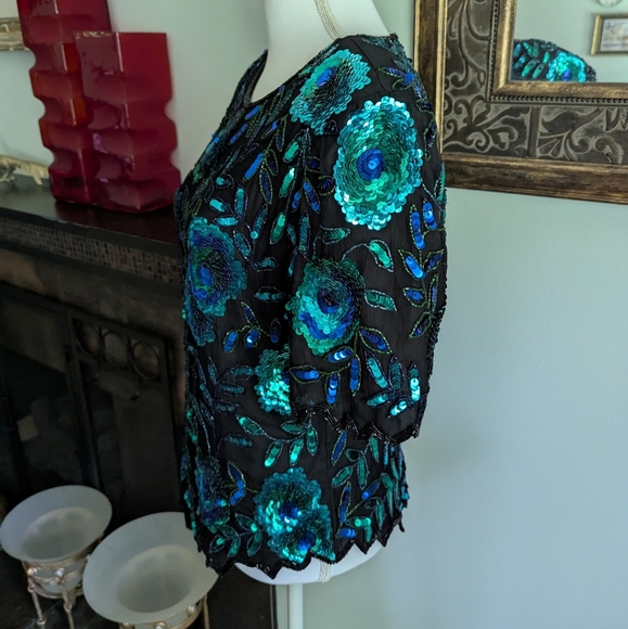 80s Laurence Kazar M/L Sequin Beaded Top 100% Silk Evening Floral Black Blue - Picture 4 of 10